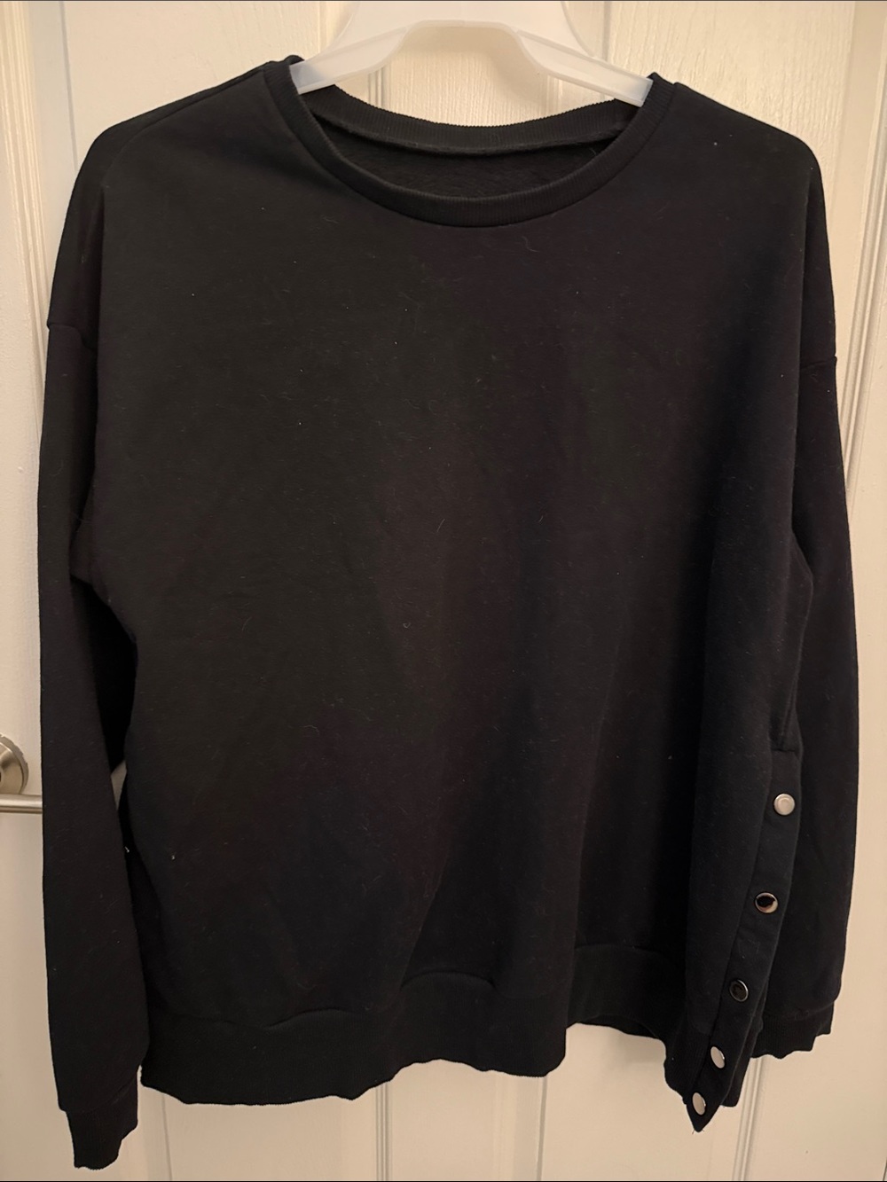 Black Crewneck Sweatshirt with Snap-Button Sleeve Detail